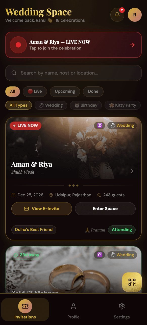 FeelLive Private Digital Event Space showing guest feed and moments